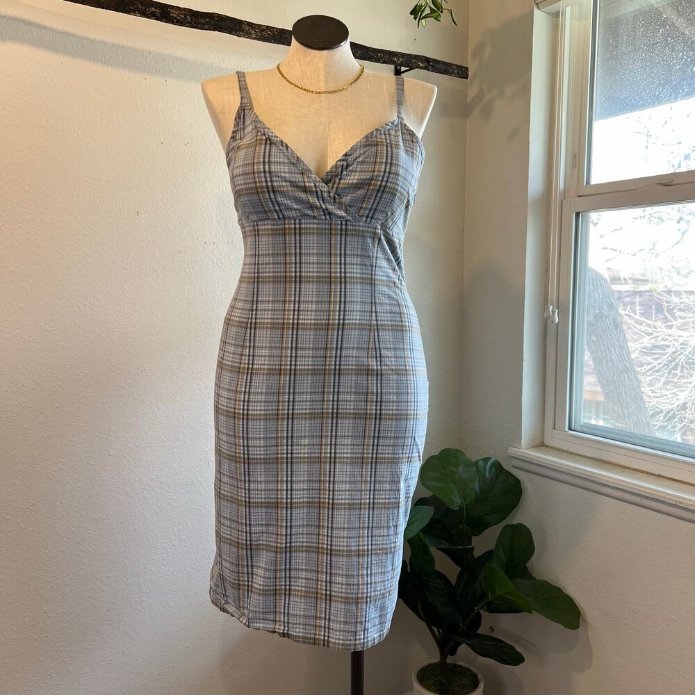 Vintage Y2K Old Navy Cotton Stretch Blue Plaid Print Mini Dress Size 10